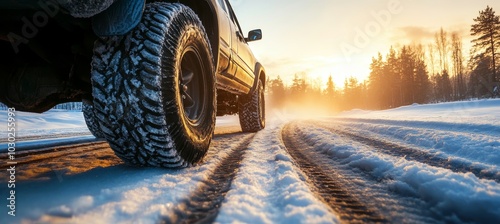 Four-Wheel Drive Pickup Truck Conquering a Snowy Road at Sunrise, Winter Adventure Concept photo