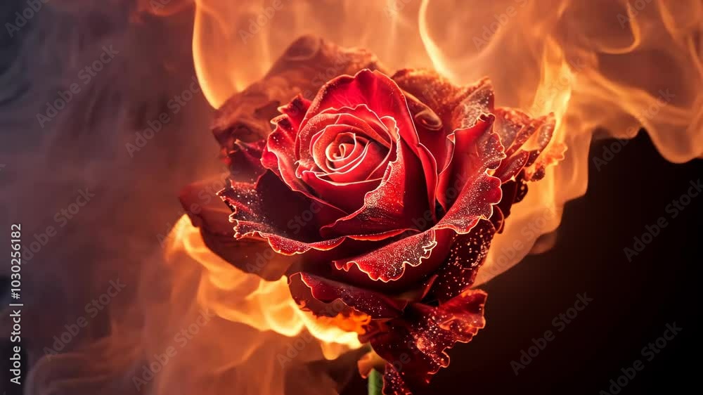 A single red rose blooms in a fiery inferno, a striking contrast of delicate beauty and intense heat
