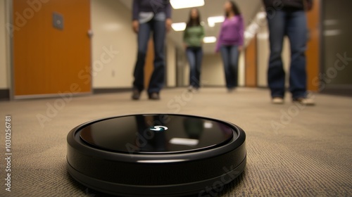 Black Robotic Vacuum Cleaner on a Carpeted Floor photo