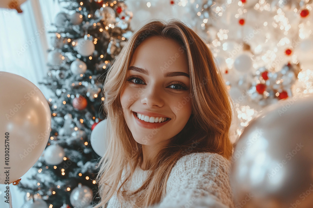 Generative AI image of person celebrating New Year's Christmas by beautifully decorated tree holiday magic advent