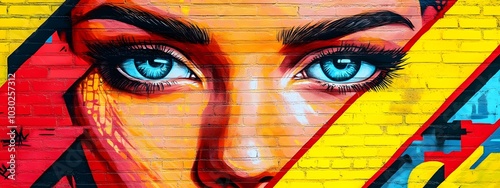 Abstract face with red lips and blue eyes, in the style of street art style, colorful geometric patterns, golden ratio composition, portrait of an attractive woman in the background