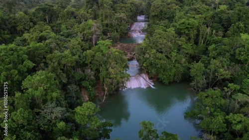 Wallpaper Mural Aerial drone footage over river and waterfalls surrounded by lush jungle, Roberto Barrios, Chiapas, Mexico Torontodigital.ca