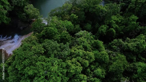 Wallpaper Mural Topdown aerial footage over a blue river and wtaerfalls surrounded by lush jungle, Roberto Barrios, Chiapas, Mexico Torontodigital.ca