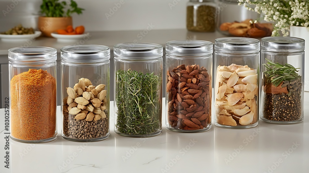 A minimalistic placement corner at the top of a spice magazine image, featuring neatly arranged herbs and spices in glass jars, creating a balanced composition A minimalistic placement corner at the top of a spice magazine image, featuring neatly arranged herbs and spices in glass jars, creating a balanced composition