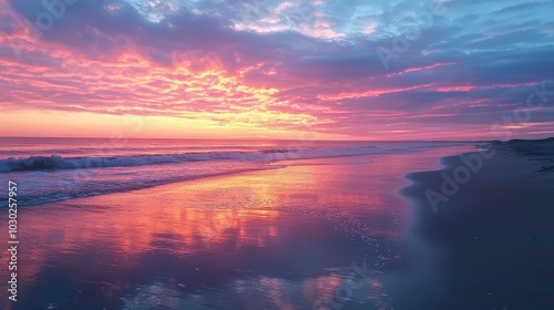 Breathtaking sunset over a tranquil beach with vibrant colors illuminating the sky and reflecting on calm waters.