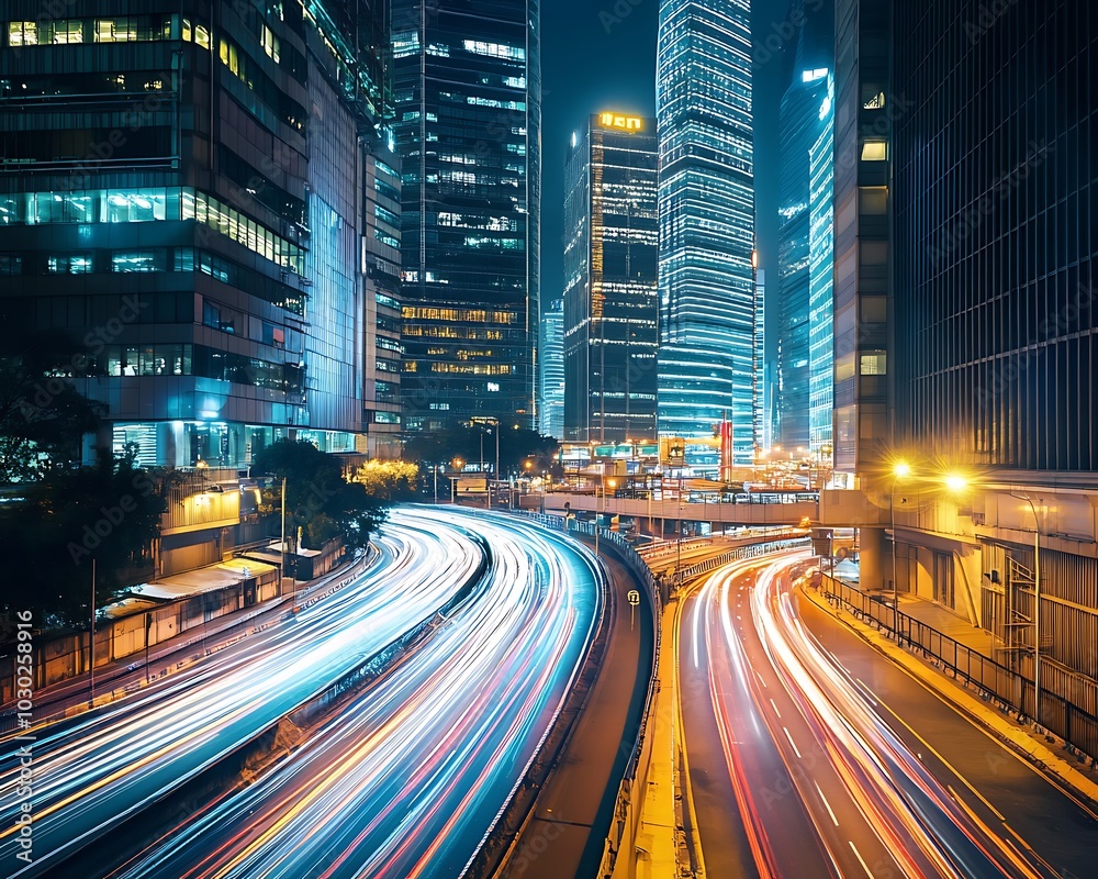 Fototapeta premium Cityscape Highway with Light Trails at Night. Cityscape with streaking lights of passing traffic