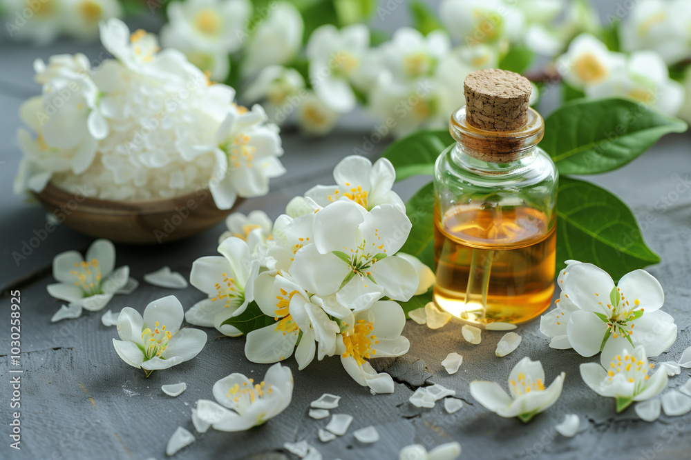 A bottle of oil is next to a bowl of salt and flowers