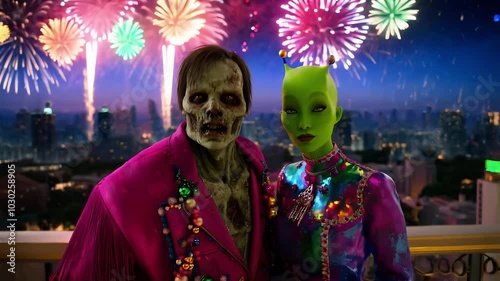Funny selfie moment of a hulking zombie man dressed to impress alongside his extraterrestrial green alien girlfriend enjoying New year's eve midnight celebration fireworks over the city skyline