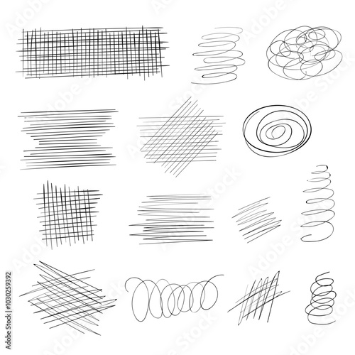 Set of black ink lines of hand drawn textures, scribbles of pen.  Doodle style sketch scratches. Vector illustration isolated on white background
