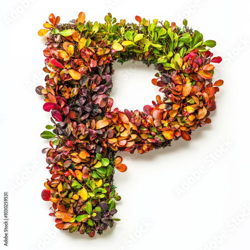 Alphabet letterP made of fall leaves, flowers. berries. Vibrant autumn colours. White clean background. Generative AI photo