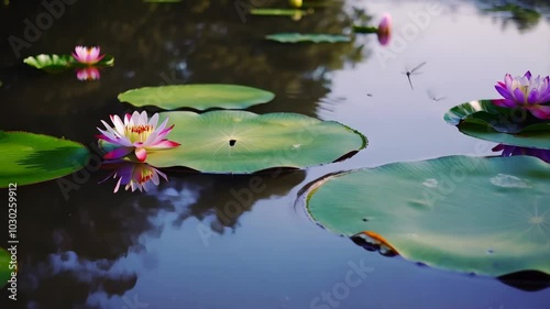 Serene Lotus Flowers and Dragonflies on Calm Water