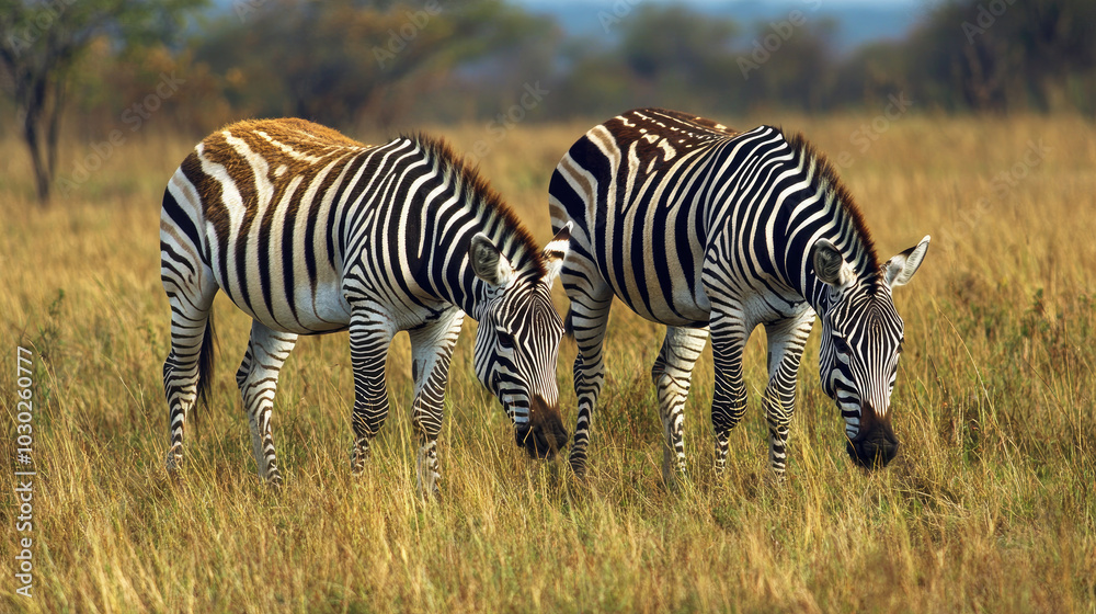 A pair of zebras grazing side by side in a South African nature reserve, their striking stripes creating a captivating visual pattern in the wild landscape. A pair of zebras grazing side by side in a South African nature reserve, their striking stripes creating a captivating visual pattern in the wild landscape.