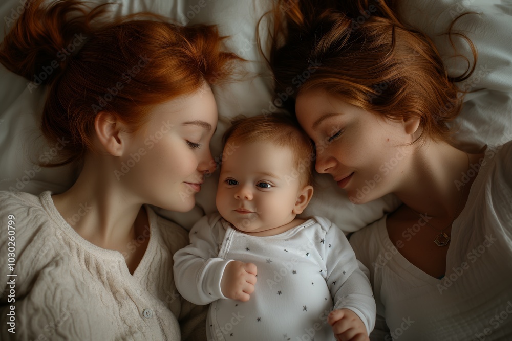 Affectionate family moment. Mother, sister, and baby lying on bed. Perfect for themes of family, love, bonding, and togetherness Affectionate family moment. Mother, sister, and baby lying on bed. Perfect for themes of family, love, bonding, and togetherness