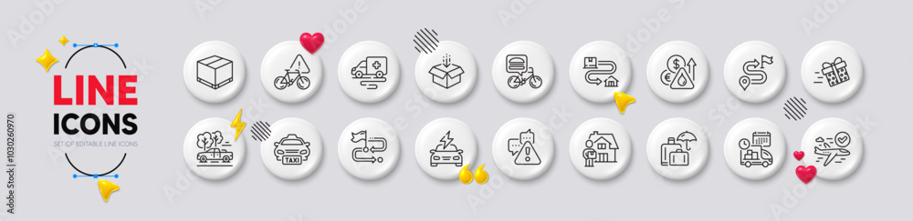 Delivery box, Bike attention and Car charging line icons. White buttons 3d icons. Pack of Pickup, Travel path, Taxi icon. Confirmed flight, Delivery, Ambulance transport pictogram. Vector Delivery box, Bike attention and Car charging line icons. White buttons 3d icons. Pack of Pickup, Travel path, Taxi icon. Confirmed flight, Delivery, Ambulance transport pictogram. Vector