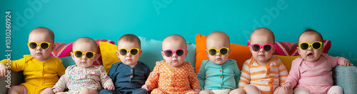 Babies in colorful outfits and sunglasses. A delightful image portraying cuteness and fun, ideal for familyfriendly marketing, children's products, and playful campaigns. photo