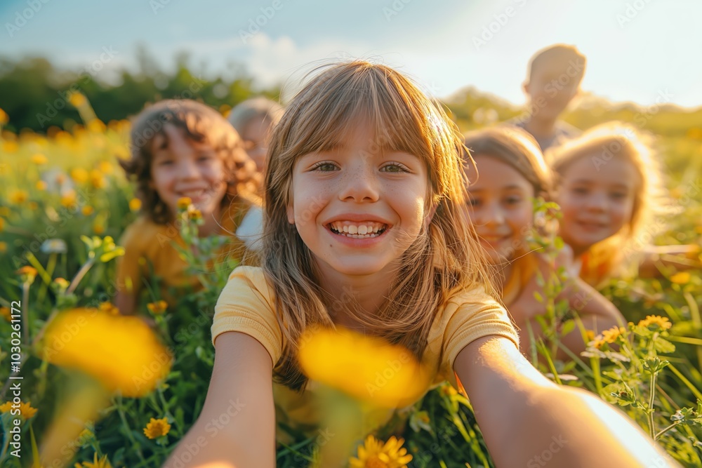 Children playing in a sunny flower field, smiling and enjoying summer outdoor activities, perfect for family and naturerelated content Children playing in a sunny flower field, smiling and enjoying summer outdoor activities, perfect for family and naturerelated content