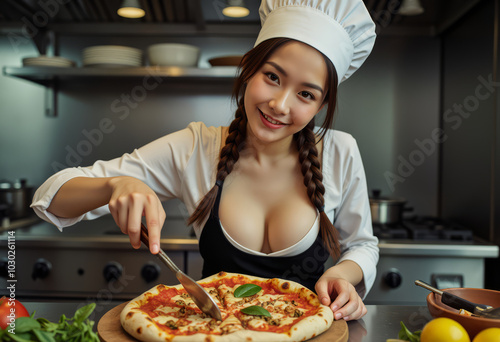 Chef slicing freshly made pizza in a kitchen, vibrant ingredients around. photo