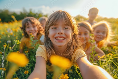 Children playing in a sunny flower field, smiling and enjoying summer outdoor activities, perfect for family and naturerelated content photo