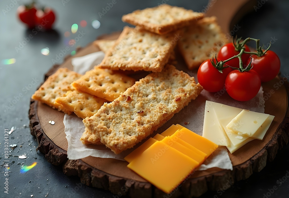 Crispy crackers arranged on wooden board with fresh cherry tomatoes and slices of cheese, creating delightful and appetizing snack display Crispy crackers arranged on wooden board with fresh cherry tomatoes and slices of cheese, creating delightful and appetizing snack display