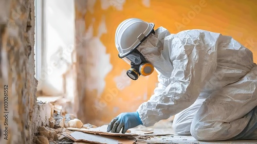 Worker in Protective Suit Conducting Asbestos Testing to Comply with Safety Standards