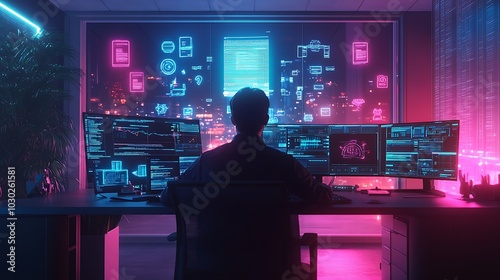 A legal expert using futuristic software to review digital intellectual property claims, glowing holographic patents, and copyrights surrounding the workspace,