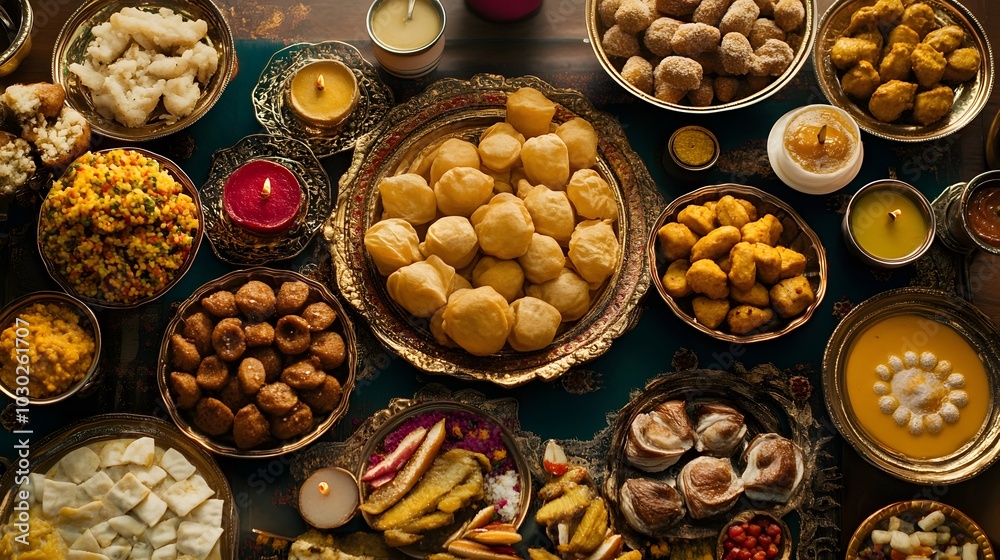 A traditional Diwali feast laid out on a table, with various Indian dishes and sweets