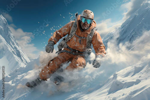 Skiers athletes compete going down from ski mountain. AI generated.