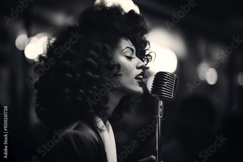 Jazz singer microphone portrait adult. photo