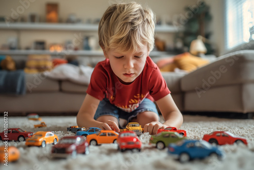 Curious boy playing with toy cars. An ideal image for themes of childhood, playtime, and learning. Perfect for educational content, advertisements, and familyoriented marketing