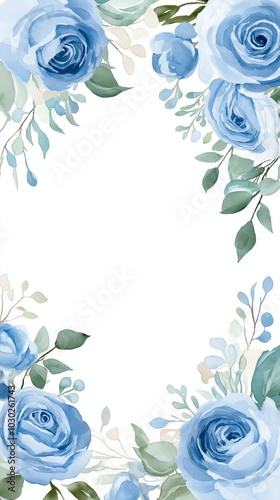 watercolor frame with delicate pastel blue roses and soft greenery
