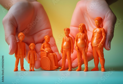 Empathy and care are beautifully represented in this of orange figurines, symbolizing diversity and inclusion. hands gently cradle these figures, highlighting importance of support and community photo