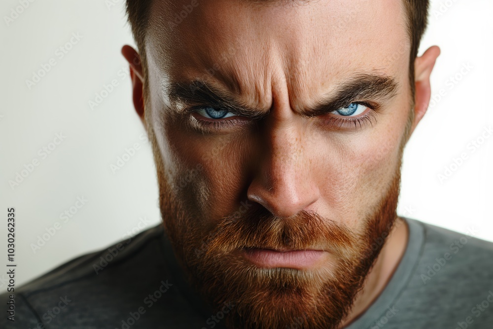 Intense CloseUp Portrait of Bearded Man with Piercing Blue Eyes and Serious Expression Intense CloseUp Portrait of Bearded Man with Piercing Blue Eyes and Serious Expression
