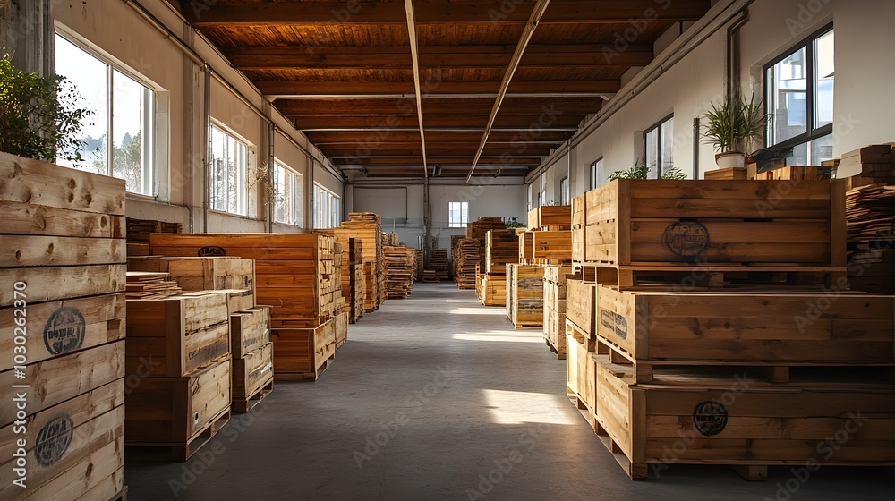Organized Pine Wood Planks in Modern Factory Setting for Timber Processing and Goods Production Organized Pine Wood Planks in Modern Factory Setting for Timber Processing and Goods Production