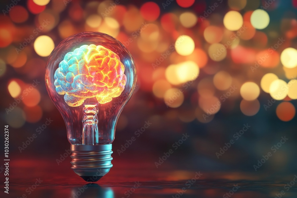 3D rendering of a light bulb with a colorful brain inside on a blurred background with bokeh 3D rendering of a light bulb with a colorful brain inside on a blurred background with bokeh
