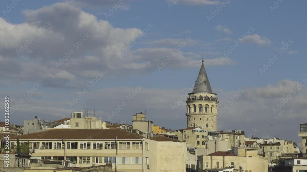 Scenic view of the Istanbul skyline, featuring Galata tower as birds soar in sky, a stunning panoramic of Turkey's largest city Scenic view of the Istanbul skyline, featuring Galata tower as birds soar in sky, a stunning panoramic of Turkey's largest city