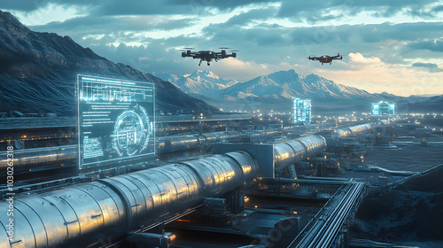 Futuristic industrial landscape featuring advanced drone technology over a majestic mountain range at dusk