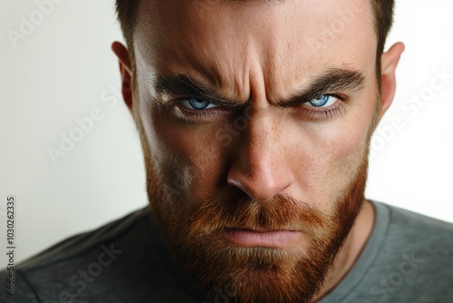 Intense CloseUp Portrait of Bearded Man with Piercing Blue Eyes and Serious Expression