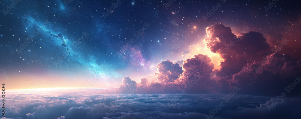 breathtaking view of cosmic landscape featuring vibrant clouds and stars, showcasing beauty of universe. colors blend seamlessly, creating serene and awe inspiring atmosphere breathtaking view of cosmic landscape featuring vibrant clouds and stars, showcasing beauty of universe. colors blend seamlessly, creating serene and awe inspiring atmosphere