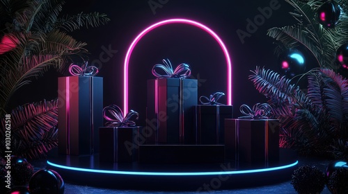 Final highlight the Black Friday super sale series, featuring a sophisticated display black gift boxes on a dark podium, encapsulated by a radiant neon sign for an unforgettable shopping spectacle.