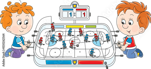Little boys playing table hockey on the floor, vector cartoon illustration on a white background