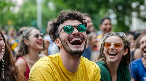 A young man wearing sunglasses throws his head back in laughter, surrounded by friends and family at a fun outdoor event.