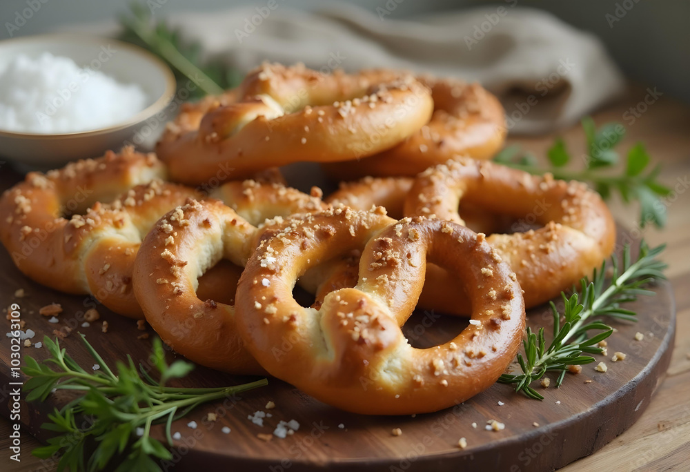Freshly baked pretzels with golden brown crust, sprinkled with coarse salt, arranged beautifully on wooden board. warm, inviting aroma and texture make them delightful snack Freshly baked pretzels with golden brown crust, sprinkled with coarse salt, arranged beautifully on wooden board. warm, inviting aroma and texture make them delightful snack
