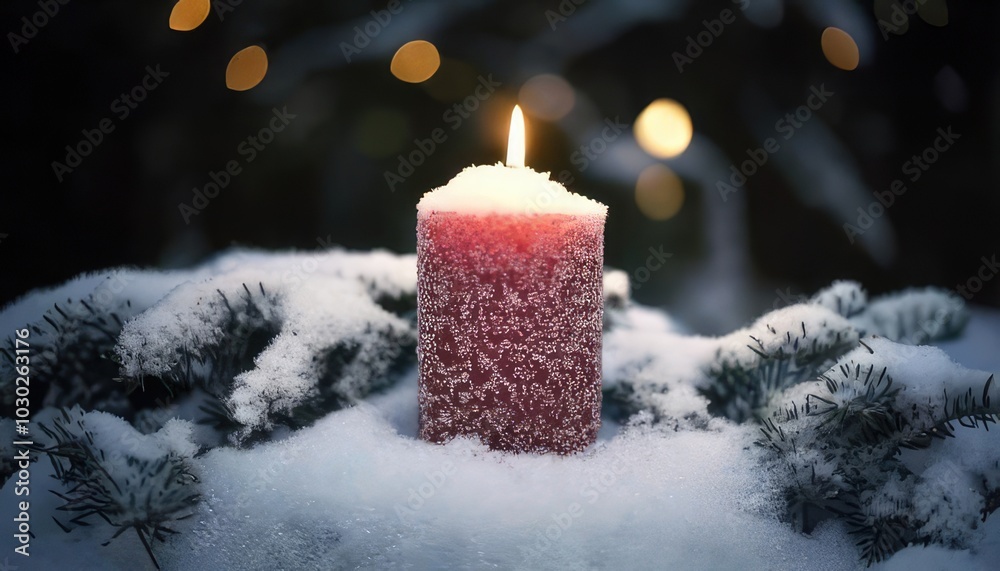 Red candle burning amidst snow and evergreen, warm glow in winter setting. Red candle burning amidst snow and evergreen, warm glow in winter setting.