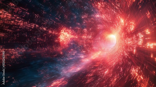 Scifi depiction of futuristic energy portal with glowing particles in digital realm
