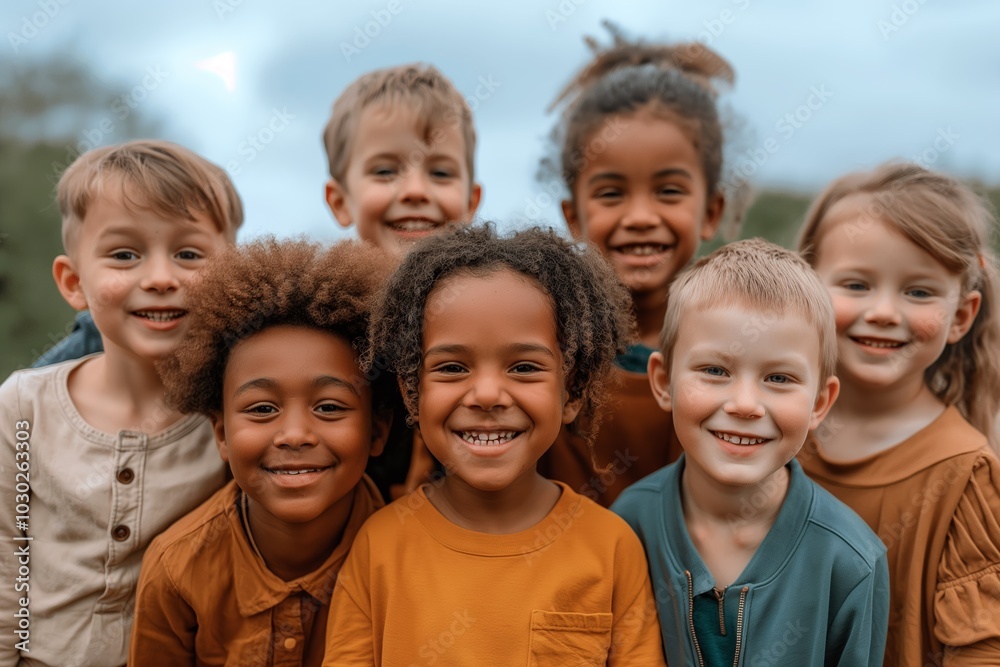 Smiling children group portrait reflecting diversity, friendship, and joy, ideal for community programs, educational materials, and social campaigns promoting inclusion and unity. Smiling children group portrait reflecting diversity, friendship, and joy, ideal for community programs, educational materials, and social campaigns promoting inclusion and unity.