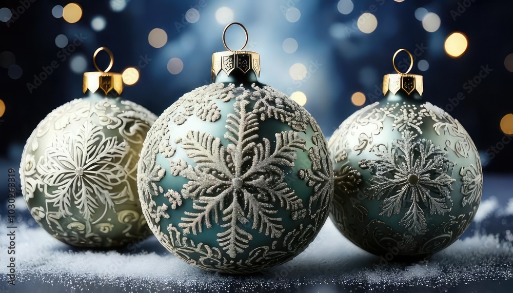 Three decorative Christmas ornaments on a snowy background with blurred lights.