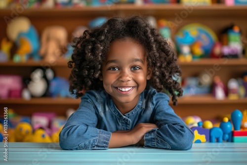 Smiling girl in denim shirt sitting at colorful toyfilled table in classroom with shelves of educational toys, promoting playful learning and early childhood education photo