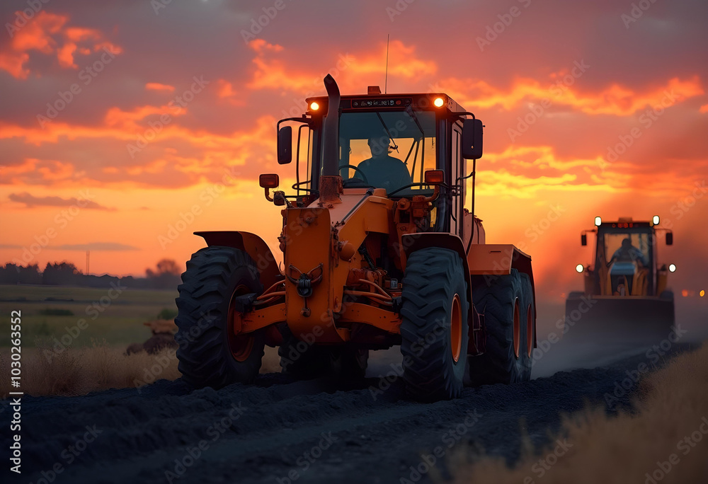 Heavy machinery operates at sunset, showcasing vibrant sky and dust clouds. scene captures essence of agricultural work and beauty of nature Heavy machinery operates at sunset, showcasing vibrant sky and dust clouds. scene captures essence of agricultural work and beauty of nature