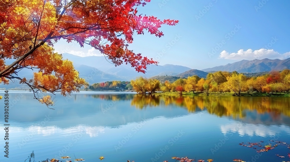 Beautiful Autumn Scenery on Lake - a captivating and enchanting visual. The beautiful autumn landscape by the lake creates a serene and charming scene Beautiful Autumn Scenery on Lake - a captivating and enchanting visual. The beautiful autumn landscape by the lake creates a serene and charming scene