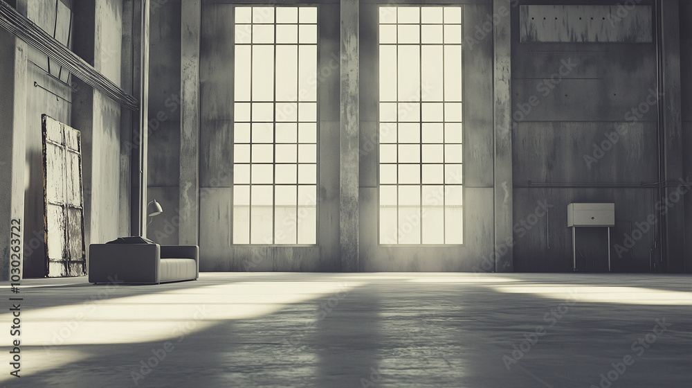 Industrial minimalist loft with large windows, concrete walls, a sleek grey sofa, and a single piece of metal art Industrial minimalist loft with large windows, concrete walls, a sleek grey sofa, and a single piece of metal art
